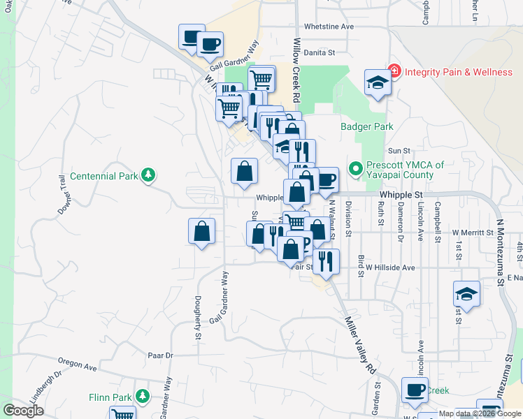 map of restaurants, bars, coffee shops, grocery stores, and more near 849 Sunset Avenue in Prescott