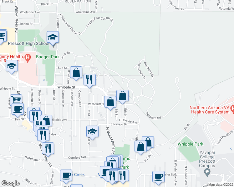 map of restaurants, bars, coffee shops, grocery stores, and more near 100 East Whipple Extention in Prescott