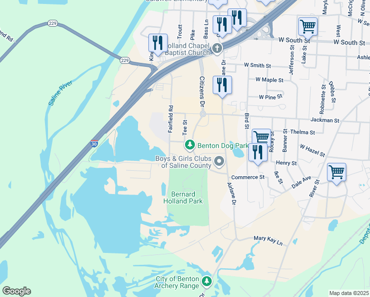 map of restaurants, bars, coffee shops, grocery stores, and more near 924 Fairfield Road in Benton