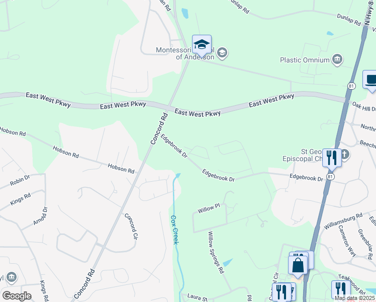 map of restaurants, bars, coffee shops, grocery stores, and more near 111 Friend Street in Anderson