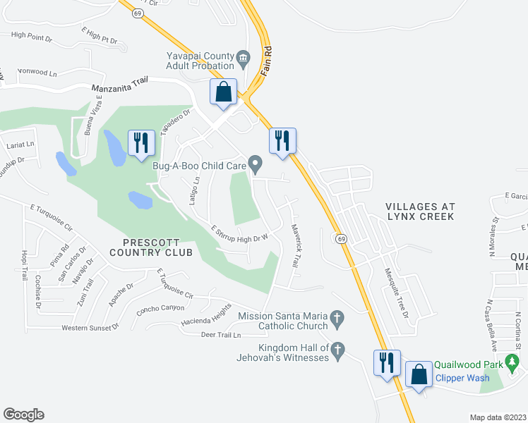map of restaurants, bars, coffee shops, grocery stores, and more near 927 North Old Chisholm Trail in Yavapai County