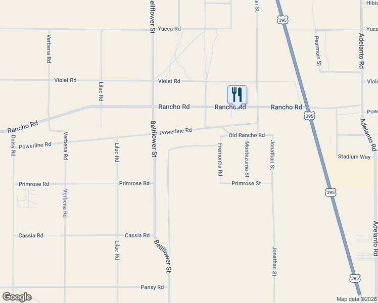 map of restaurants, bars, coffee shops, grocery stores, and more near 16731 Bellflower Street in Adelanto