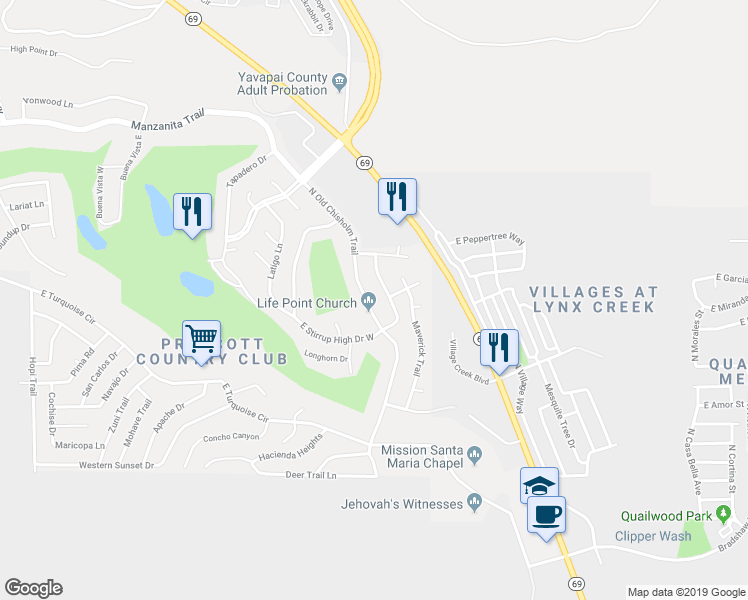 map of restaurants, bars, coffee shops, grocery stores, and more near 927 Old Chisholm Trail in Yavapai