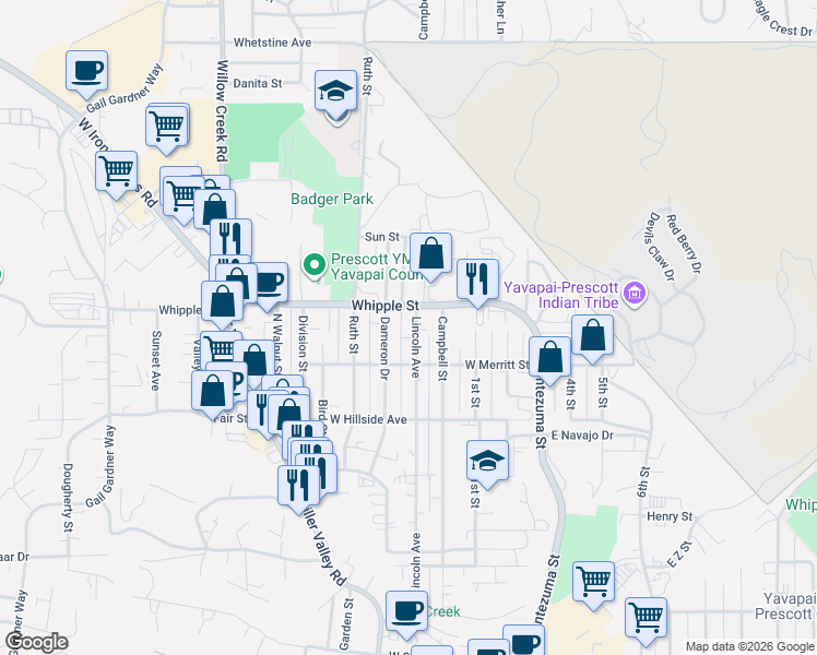 map of restaurants, bars, coffee shops, grocery stores, and more near 821 Lincoln Avenue in Prescott