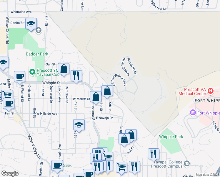 map of restaurants, bars, coffee shops, grocery stores, and more near 823 5th Street in Prescott