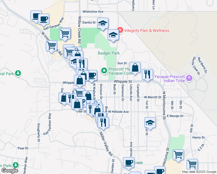 map of restaurants, bars, coffee shops, grocery stores, and more near 816 Ruth Street in Prescott