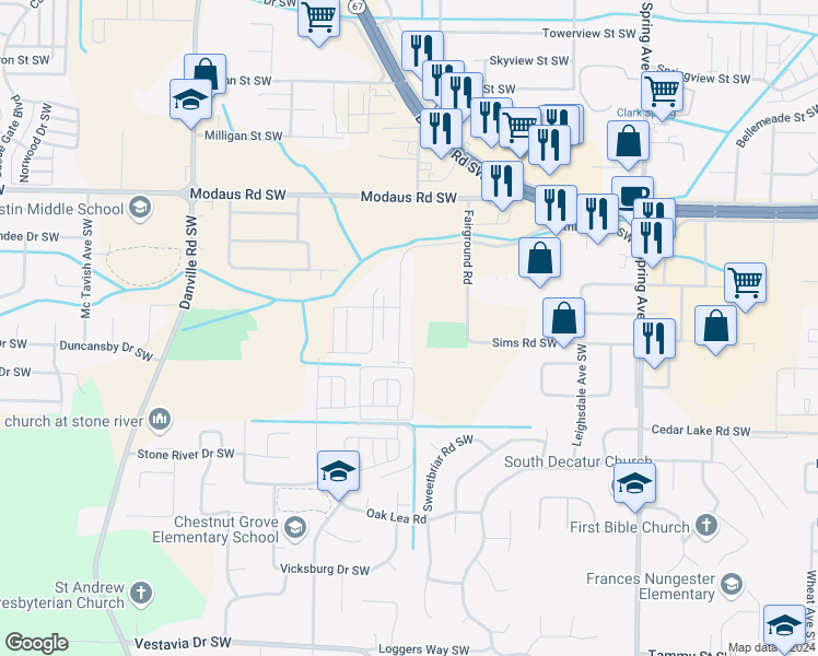 map of restaurants, bars, coffee shops, grocery stores, and more near 2916 Wimberly Drive Southwest in Decatur