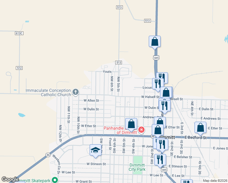 map of restaurants, bars, coffee shops, grocery stores, and more near 601-625 Farm to Market Road 2392 in Dimmitt
