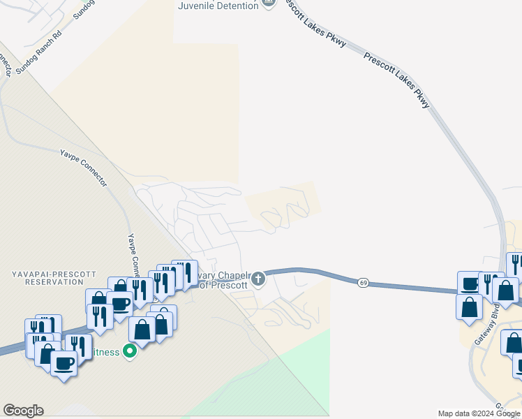 map of restaurants, bars, coffee shops, grocery stores, and more near 2471 River Trail Road in Prescott