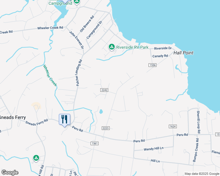 map of restaurants, bars, coffee shops, grocery stores, and more near 302 North Grazing Court in Sneads Ferry