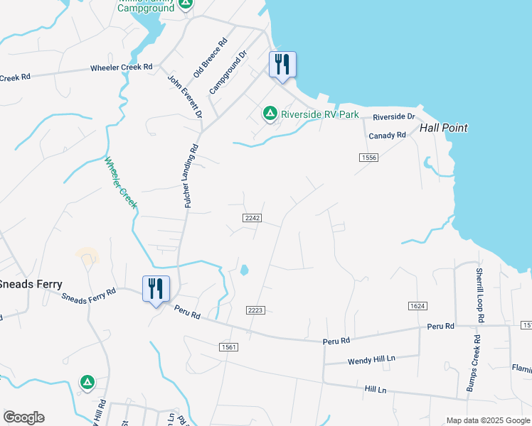 map of restaurants, bars, coffee shops, grocery stores, and more near 302 North Grazing Court in Sneads Ferry