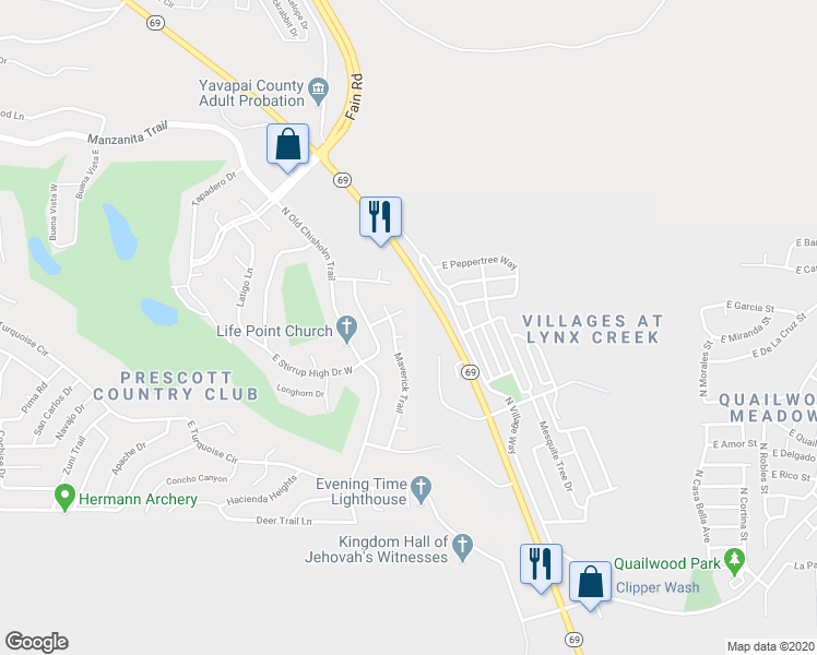 map of restaurants, bars, coffee shops, grocery stores, and more near 11974 Hackemore Heights in Yavapai County