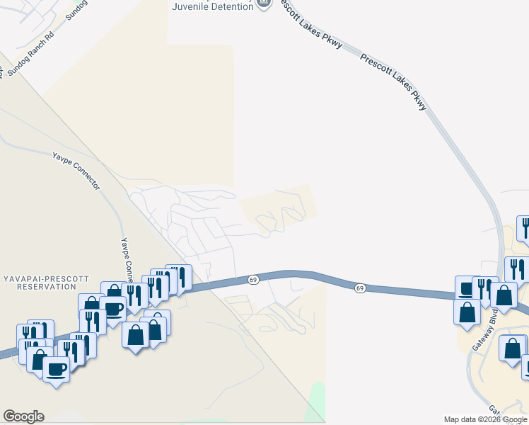 map of restaurants, bars, coffee shops, grocery stores, and more near 2458 River Trail Road in Prescott