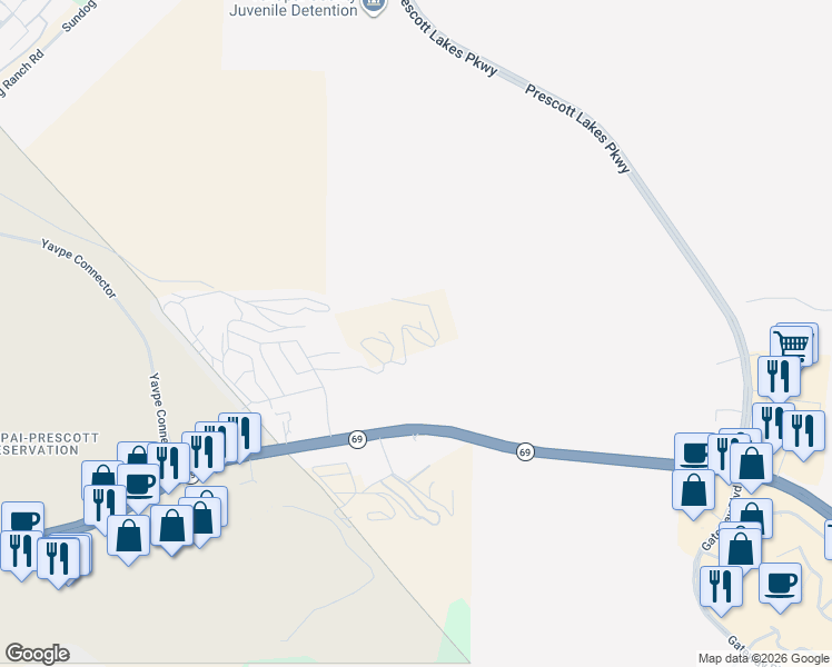 map of restaurants, bars, coffee shops, grocery stores, and more near 2493 Hilltop Road in Prescott