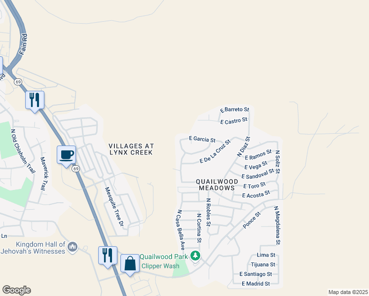 map of restaurants, bars, coffee shops, grocery stores, and more near 12696 East Garcia Street in Prescott Valley