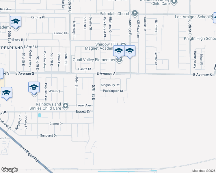 map of restaurants, bars, coffee shops, grocery stores, and more near 5750 Kingsbury Road in Palmdale