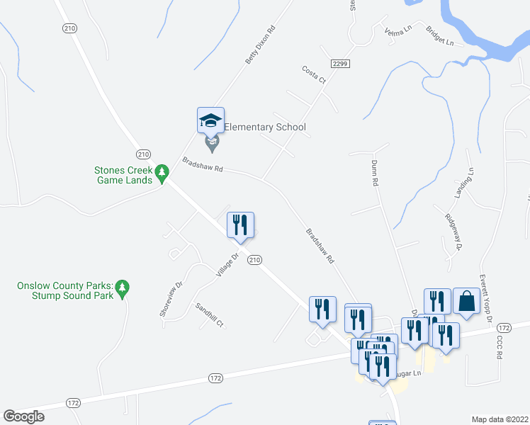 map of restaurants, bars, coffee shops, grocery stores, and more near Quarters Landing Circle in Onslow County