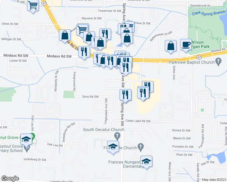 map of restaurants, bars, coffee shops, grocery stores, and more near 940 Spring Court Southwest in Decatur