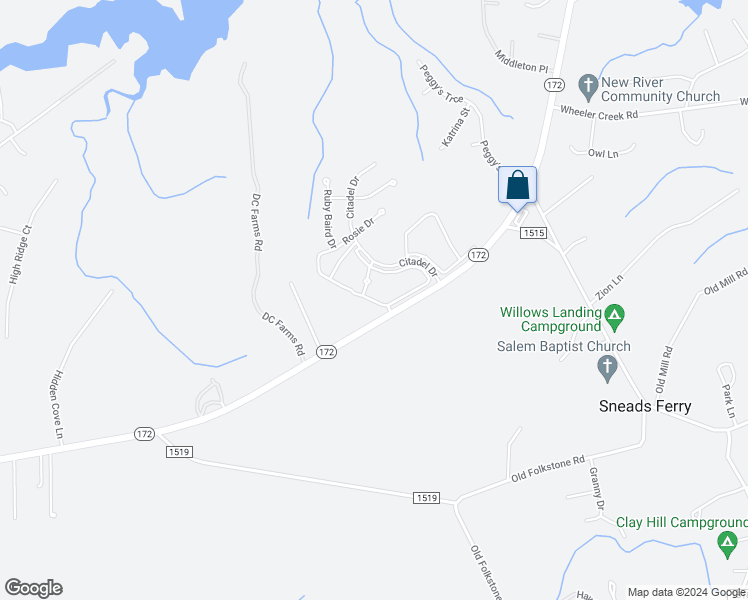 map of restaurants, bars, coffee shops, grocery stores, and more near 131 Stillwater Landing Way in Sneads Ferry