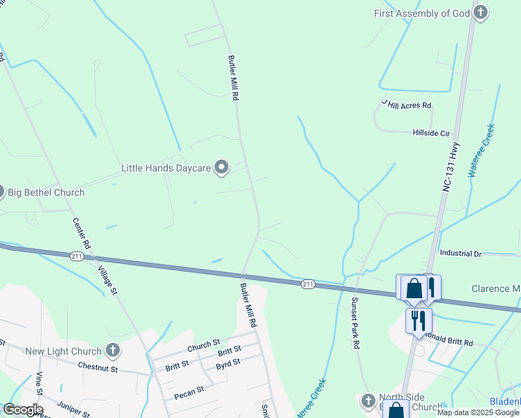 map of restaurants, bars, coffee shops, grocery stores, and more near 1524 Butler Mill Road in Bladenboro