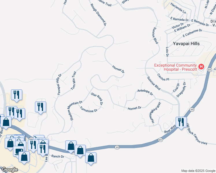 map of restaurants, bars, coffee shops, grocery stores, and more near 4636 Hornet Drive in Prescott