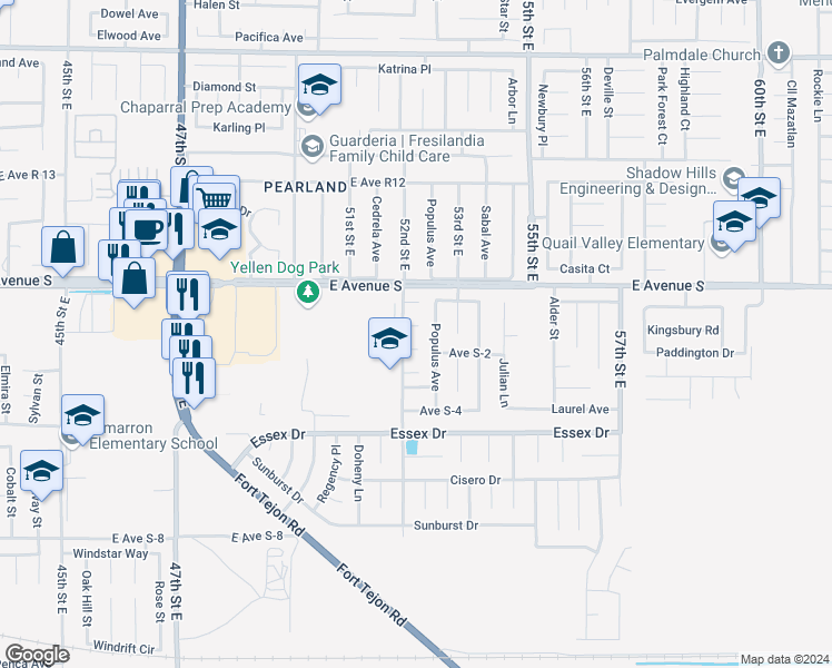 map of restaurants, bars, coffee shops, grocery stores, and more near 5212 Alyssa Lane in Palmdale