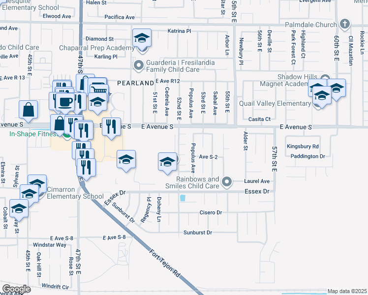 map of restaurants, bars, coffee shops, grocery stores, and more near 5212 Alyssa Lane in Palmdale