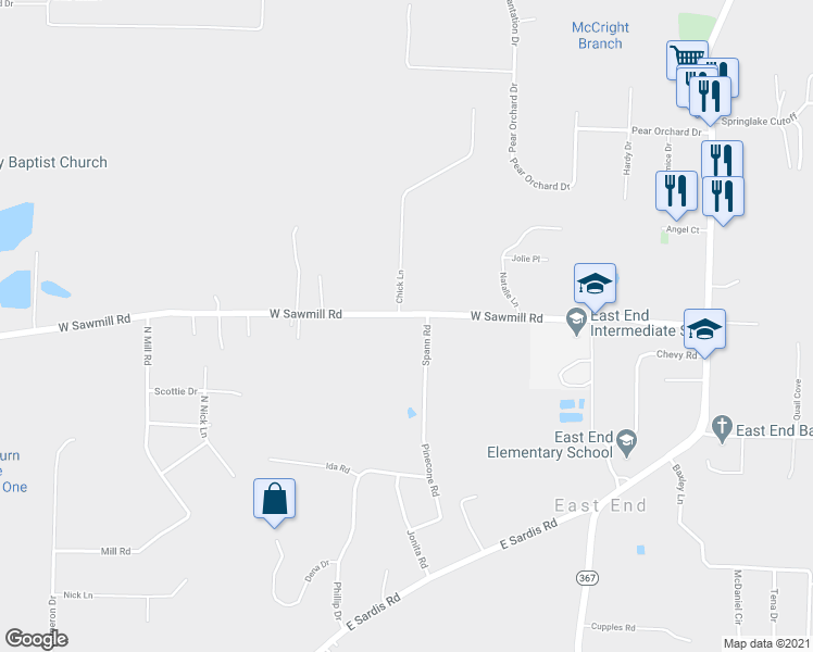 map of restaurants, bars, coffee shops, grocery stores, and more near 5909 West Sawmill Road in Little Rock