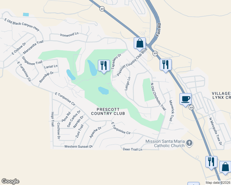 map of restaurants, bars, coffee shops, grocery stores, and more near 979 Fairway Drive in Yavapai County