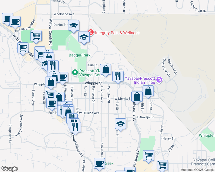 map of restaurants, bars, coffee shops, grocery stores, and more near 502 Whipple Street in Prescott