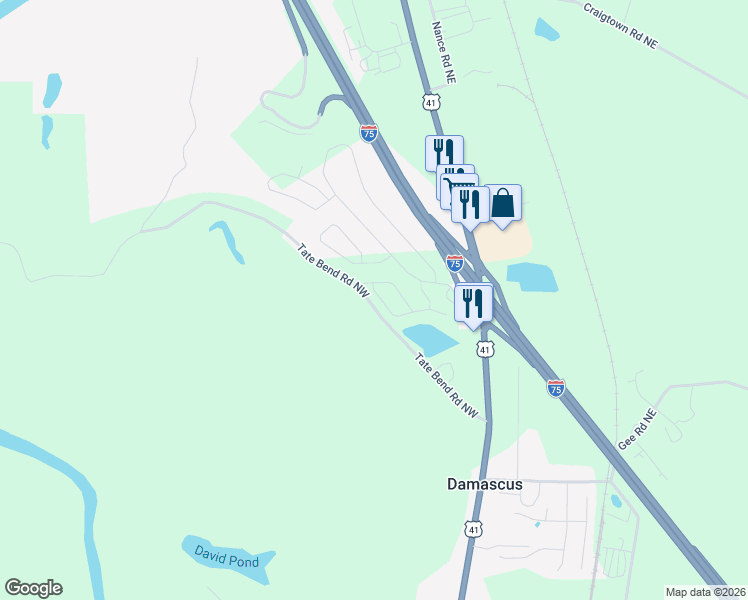map of restaurants, bars, coffee shops, grocery stores, and more near 116 Louise Lane in Calhoun
