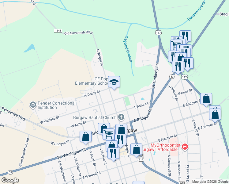 map of restaurants, bars, coffee shops, grocery stores, and more near 400 North Wright Street in Burgaw
