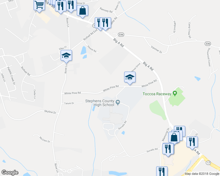 map of restaurants, bars, coffee shops, grocery stores, and more near White Pine Road in Toccoa