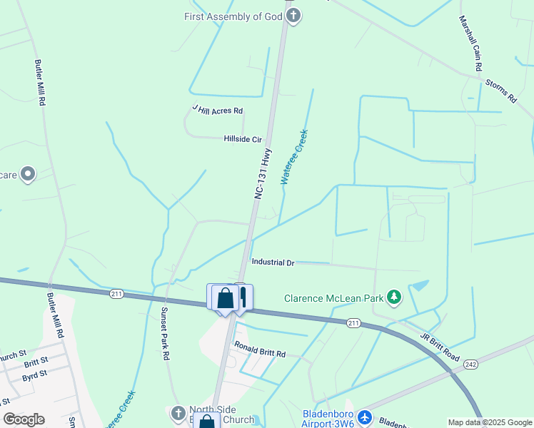 map of restaurants, bars, coffee shops, grocery stores, and more near 41 Frederick Britt Road in Bladenboro