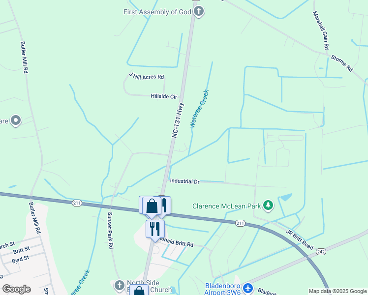 map of restaurants, bars, coffee shops, grocery stores, and more near 67 Frederick Britt Road in Bladenboro