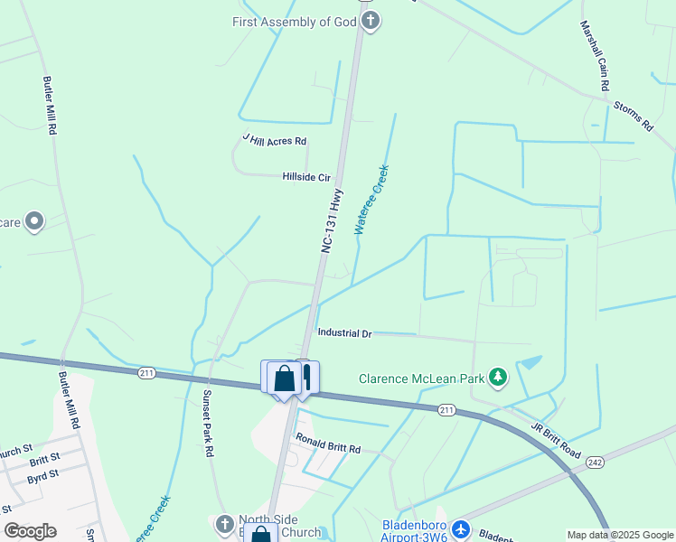 map of restaurants, bars, coffee shops, grocery stores, and more near 41 Frederick Britt Road in Bladenboro