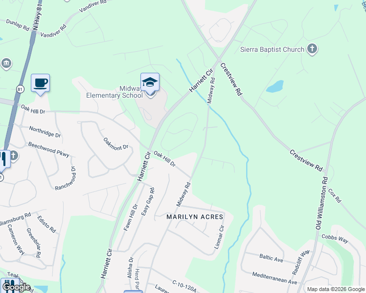 map of restaurants, bars, coffee shops, grocery stores, and more near 3031 Midway Road in Anderson