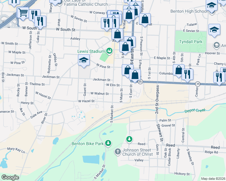 map of restaurants, bars, coffee shops, grocery stores, and more near 212 Elm in Benton