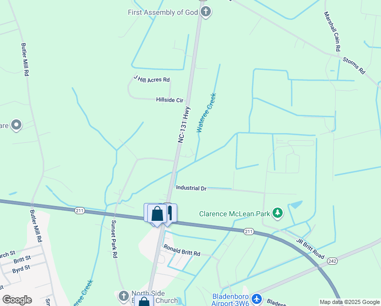 map of restaurants, bars, coffee shops, grocery stores, and more near 67 Frederick Britt Road in Bladenboro