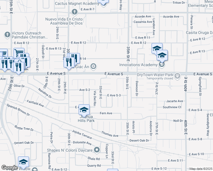 map of restaurants, bars, coffee shops, grocery stores, and more near 3220 Jennifer Drive in Palmdale