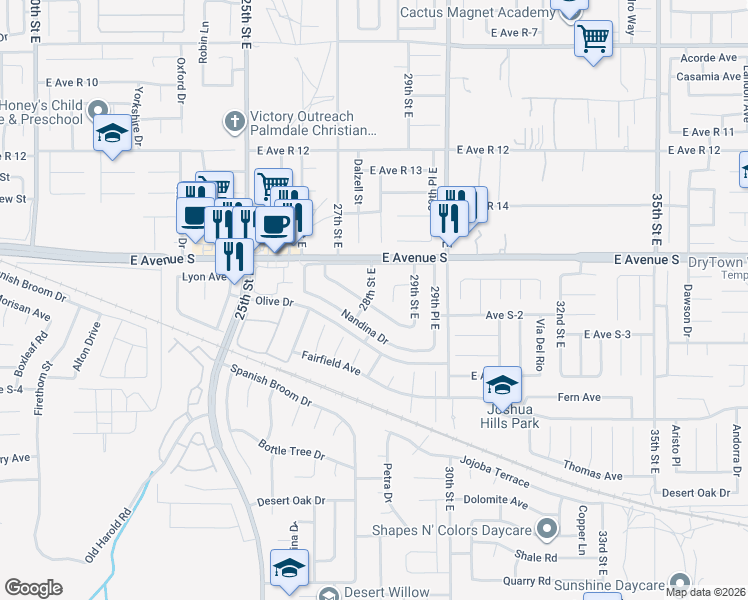 map of restaurants, bars, coffee shops, grocery stores, and more near 2803 Juniper Drive in Palmdale