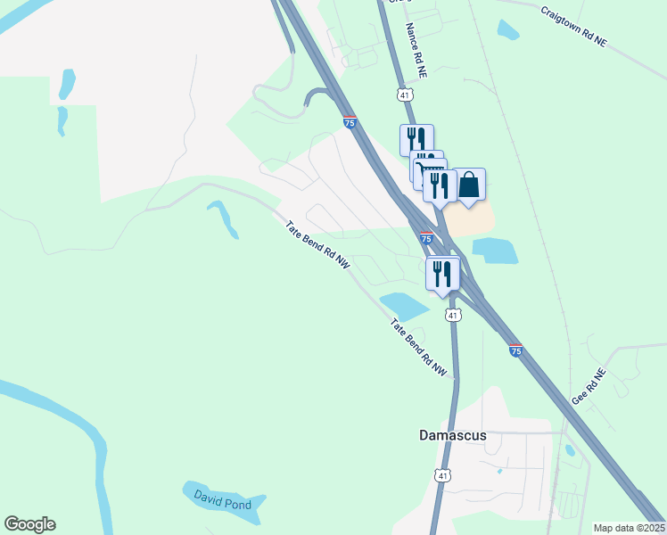 map of restaurants, bars, coffee shops, grocery stores, and more near 336 Tate Bend Road Northwest in Calhoun