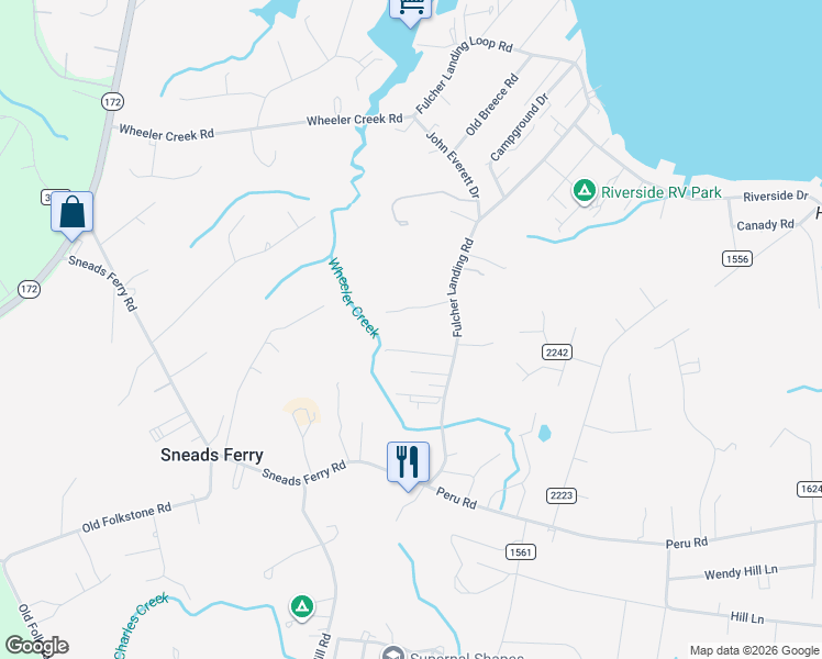 map of restaurants, bars, coffee shops, grocery stores, and more near 113 Minnie Bell Ln in Sneads Ferry