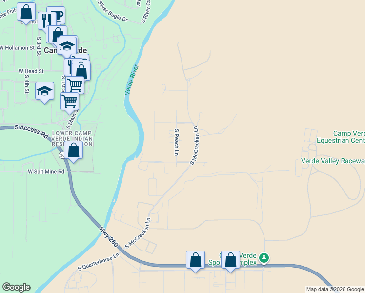 map of restaurants, bars, coffee shops, grocery stores, and more near 885 South Peach Lane in Camp Verde