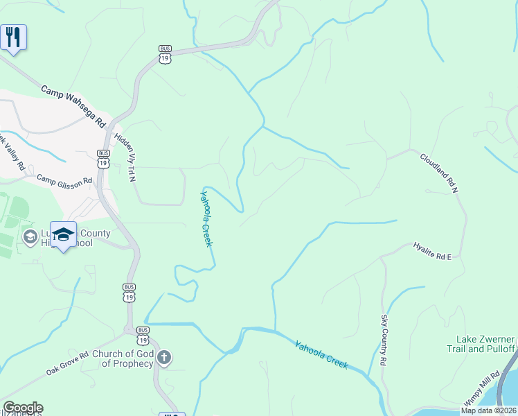 map of restaurants, bars, coffee shops, grocery stores, and more near 100 Yahoola Indian Road in Dahlonega