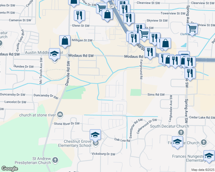 map of restaurants, bars, coffee shops, grocery stores, and more near 2901 Frost Drive Southwest in Decatur