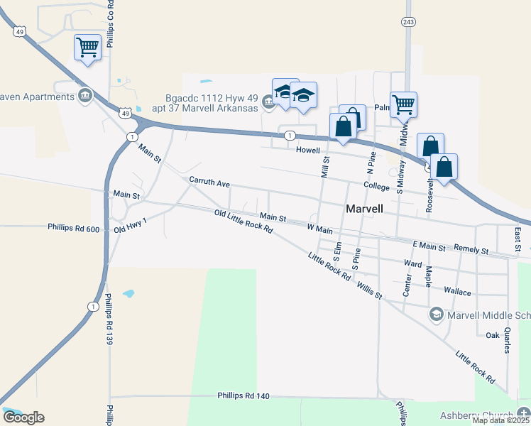map of restaurants, bars, coffee shops, grocery stores, and more near 405 Teachers Street in Marvell
