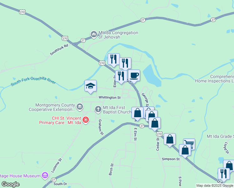 map of restaurants, bars, coffee shops, grocery stores, and more near 211 Elder Street in Mount Ida