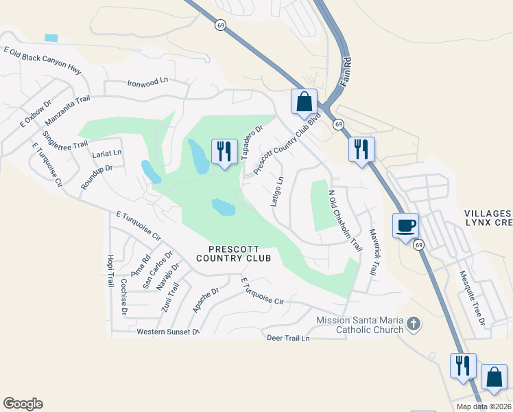map of restaurants, bars, coffee shops, grocery stores, and more near 969 Rolling Green Road in Yavapai County