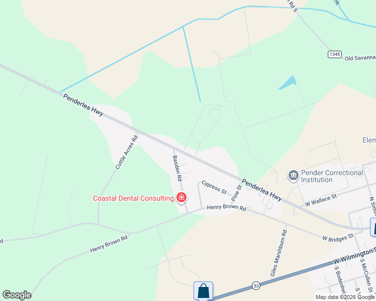 map of restaurants, bars, coffee shops, grocery stores, and more near 1450 Penderlea Highway in Burgaw